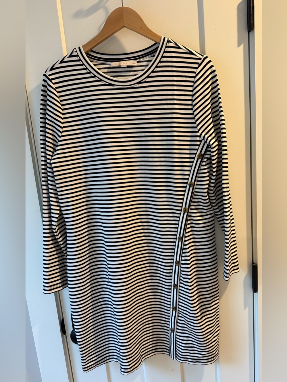 Loft Striped Button-Accent Long Sleeve dress - Black/White NWT